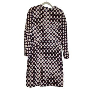 Vintage 60s M Mod Sheath Dress Navy Dot Geometric Long Sleeve Wool Handmade